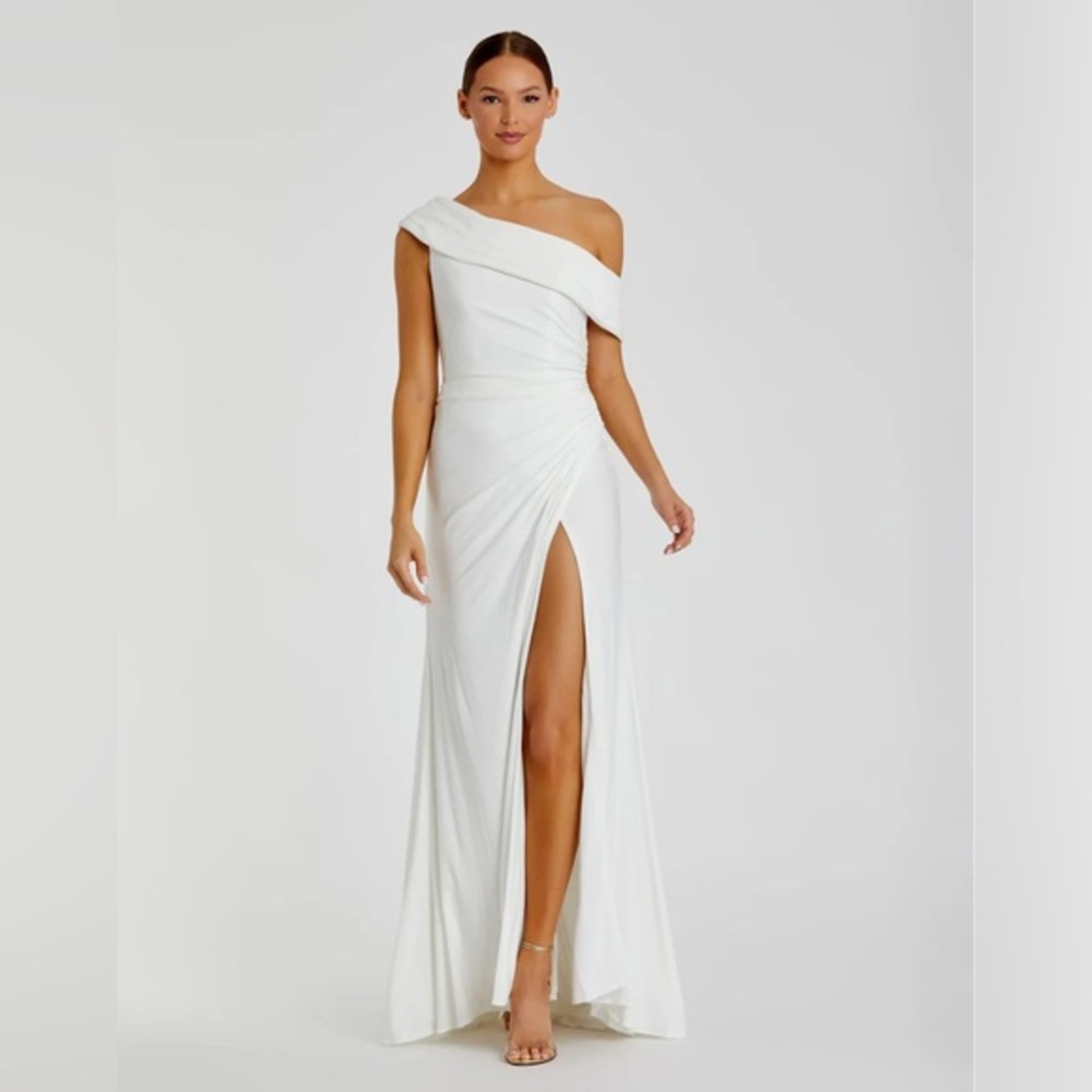 Ieena for Mac Duggal - White Foldover Off-the-Shoulder Slit Gown